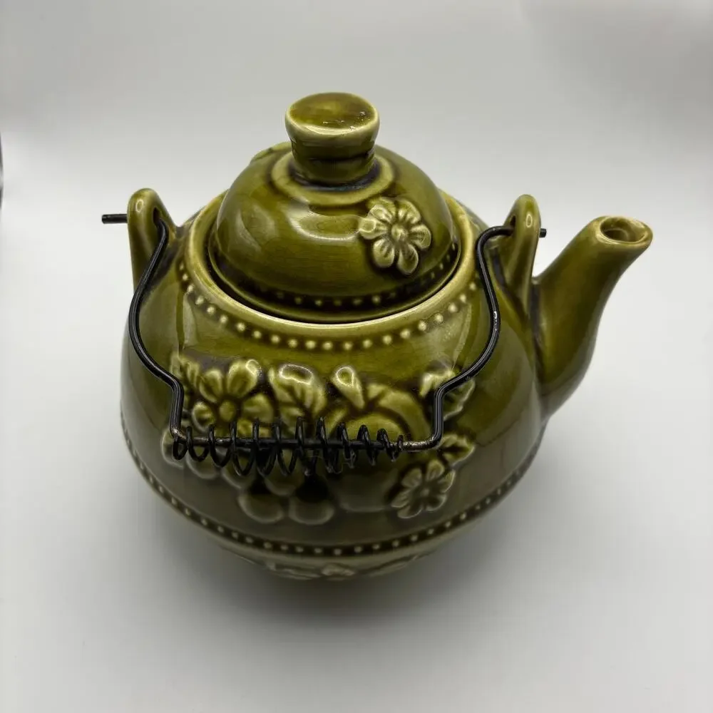Vintage Japan Olive Green Embossed Fruit Footed Teapot  Decor with Wire Handle
